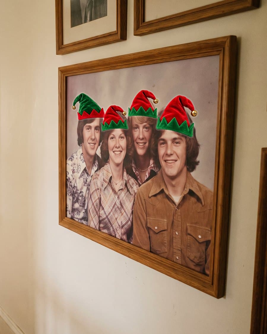 A 1970s family portrait in a hallway, each face wearing an elf hat