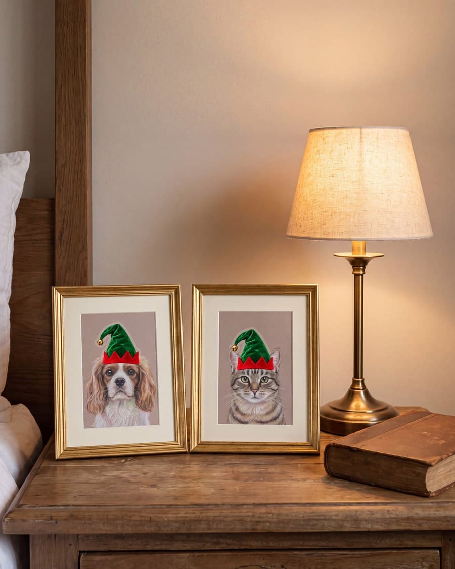 Two pastel pet portraits, a spaniel and a tabby, in elf hats on a bedside table