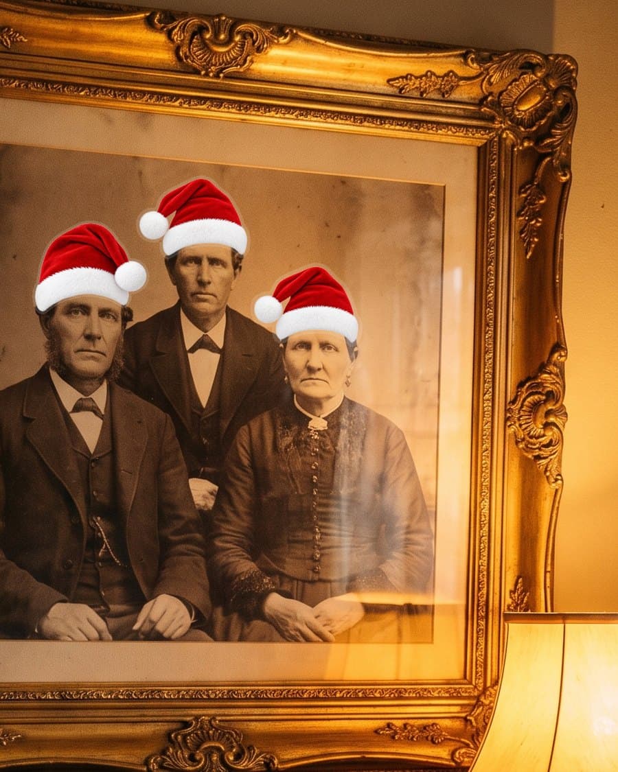 A Victorian family portrait in a gilt frame, wearing Santa hats