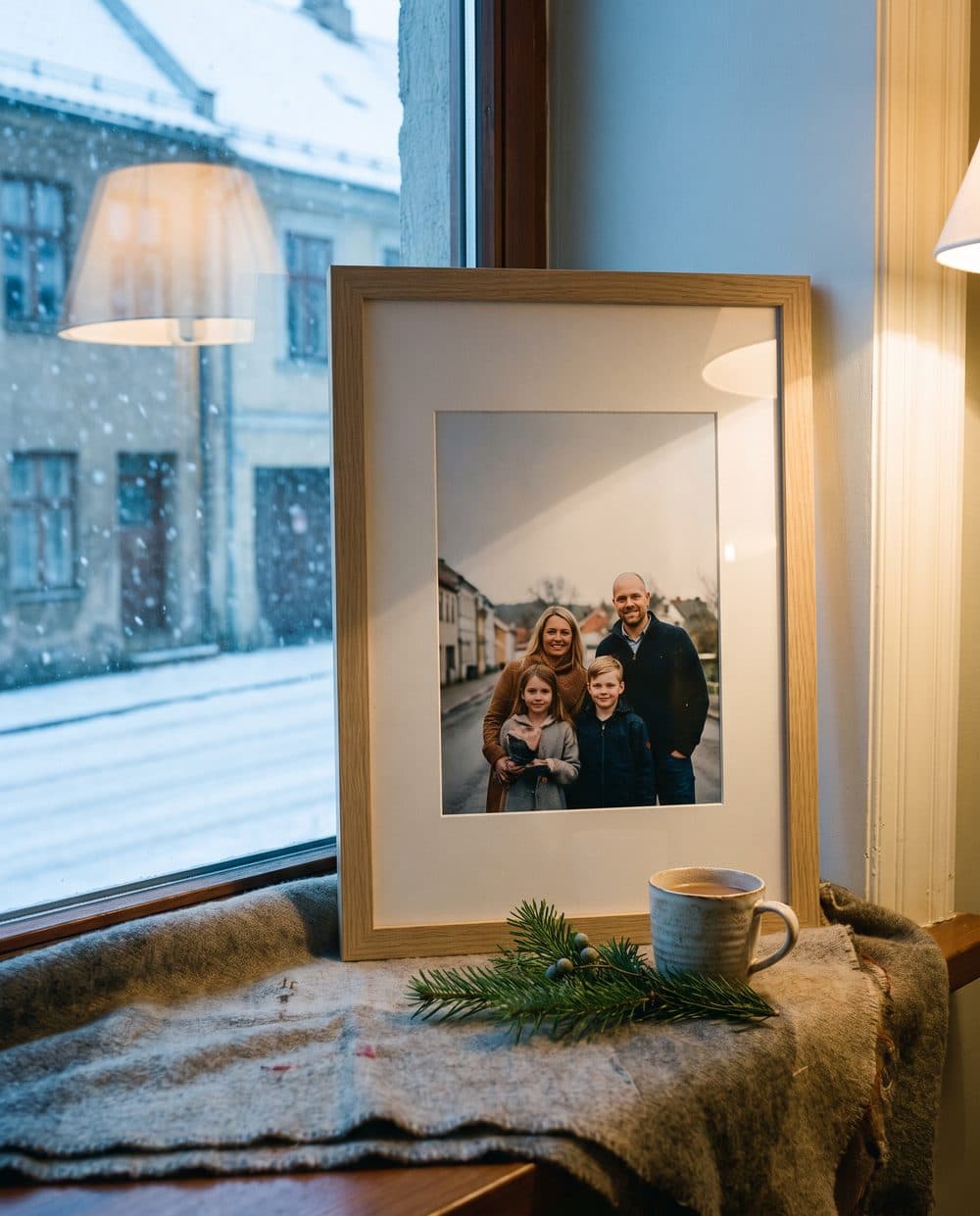A framed family photograph on a window sill with snow falling outside