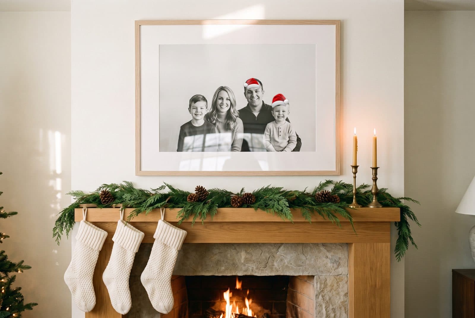 Framed family portrait above a holiday mantel, two of the family wearing Art Hats